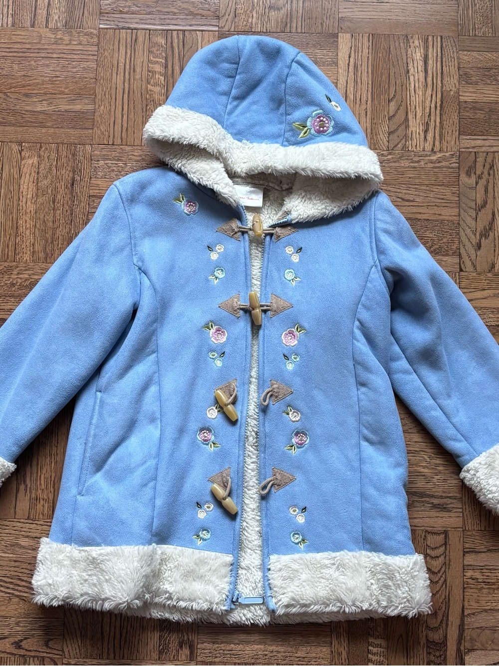 Hanna Andersson Light Blue Hooded Pea Coat with Cream Faux-Sherpa Trim